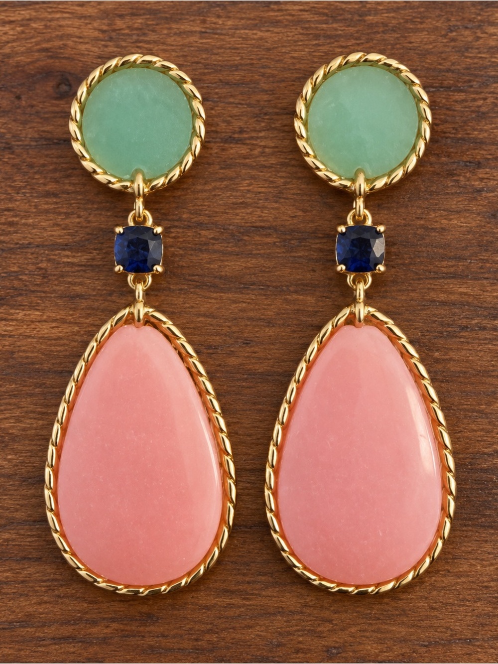 Gold-Tone Pink Teardrop & Mint Circle Dangle Earrings with Blue Accent